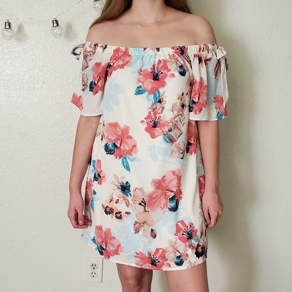 Spring Summer Floral Off The Shoulder Dress by Peach Love Size M